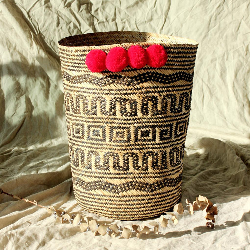 Borneo Tribal Drum Basket with Red Pom-Poms