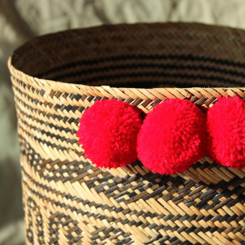 Borneo Tribal Drum Basket with Red Pom-Poms
