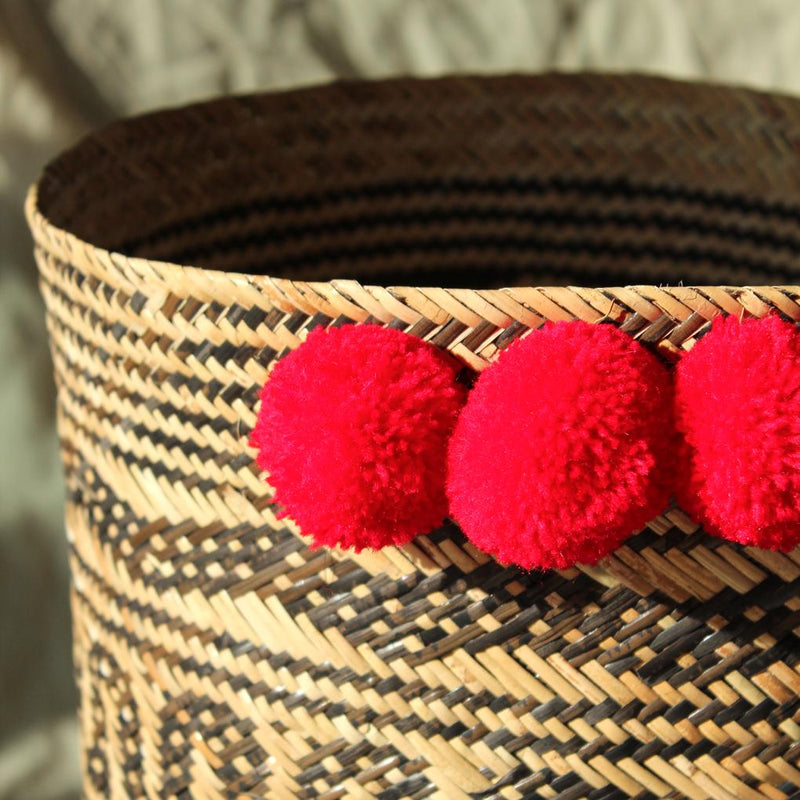 Borneo Tribal Drum Basket with Red Pom-Poms