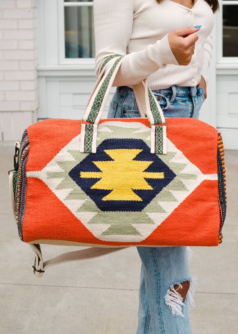Orange & Multicolored Aztec Duffle Bag