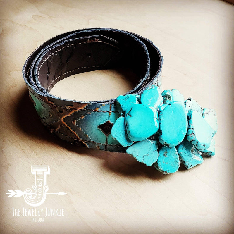 Blue Navajo Leather Belt w/ Turquoise Slab Belt Buckle 44"