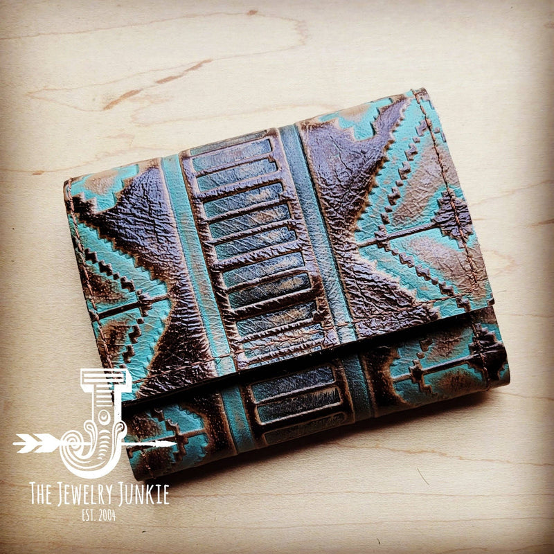Arizona Tri-Fold Embossed Leather Wallet-Turquoise Navajo