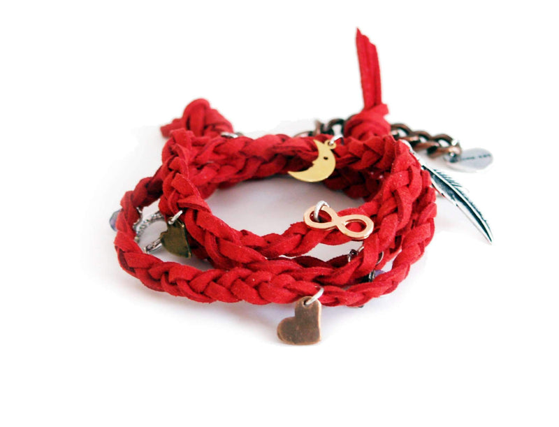 Red wraparound bracelet in deerskin leather with charms