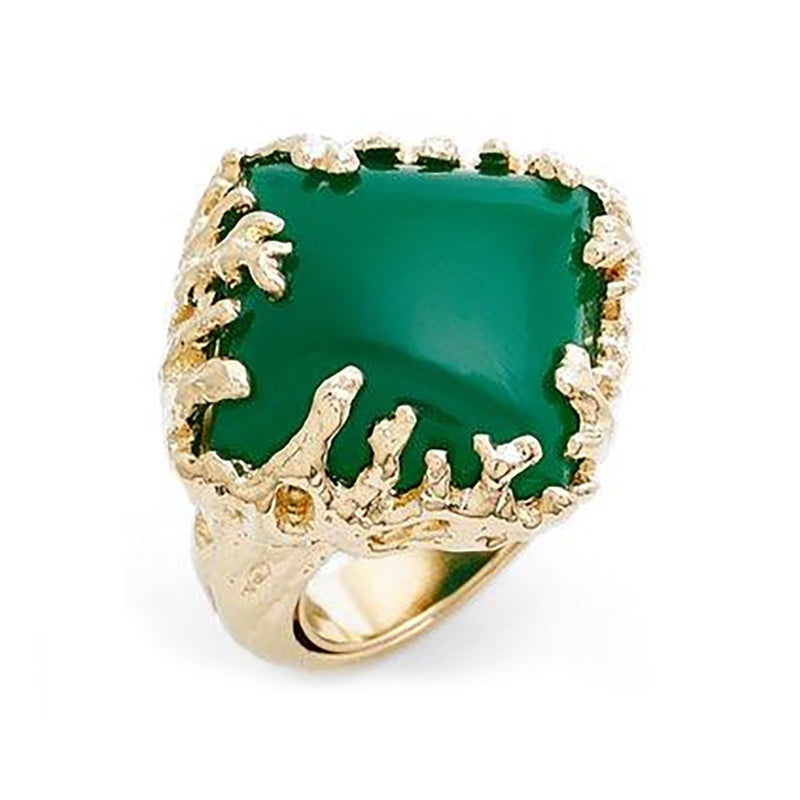 Coral Wrapped Offset Square Simulated Green Agate Stone