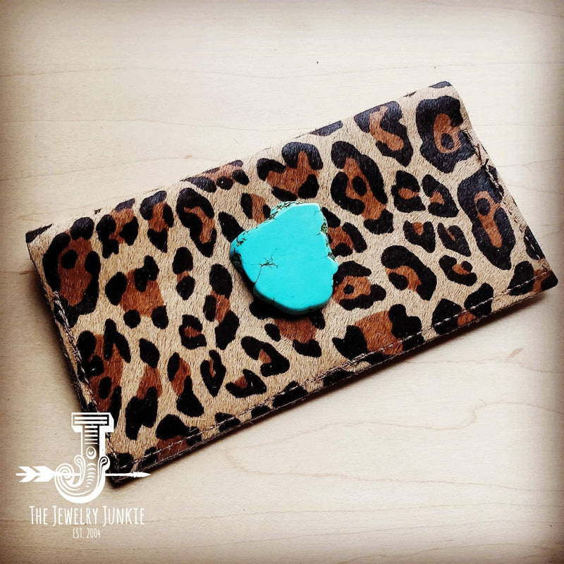 Hair-on-hide Leather Wallet - Leopard with Turquoise Slab