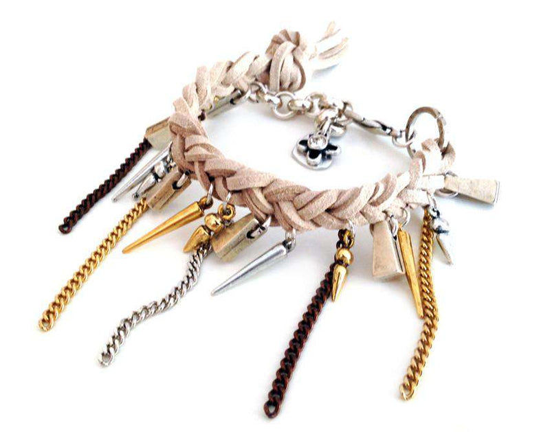Boho chic charm bracelet with fringes and leather